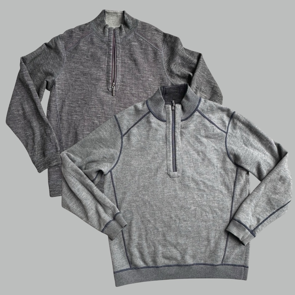 TOMMY BAHAMA Reversible 1/4 Zip Men's Large Heather Gray Ribbed Sweatshirt